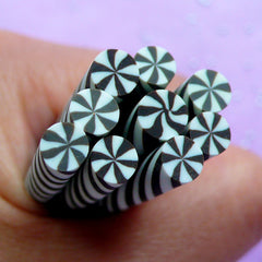 Peppermint Fimo Cane | Swirl Candy Polymer Clay Cane | Mini Food Crafts | Kawaii Nail Design | Miniature Sweet Supplies (Black)