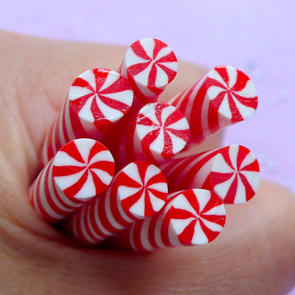 Christmas Peppermint | Miniature Sweet Polymer Clay Cane | Fake Swirl Candy | Faux Food Fimo Cane | Nail Art Supplies (Red)