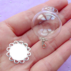 Glass Globe Pendant / Clear Glass Bubble / Glass Bottle Charm / Glass Dome (25mm) with Silver Lace Base (1 Set) Miniature Terrarium F050