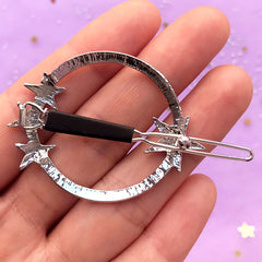 Round Open Back Bezel Hair Clip with Star | Hair Jewellery DIY | Kawaii Resin Craft Supplies | Deco Frame for UV Resin Filling (1 piece / Silver / 48mm x 36mm)