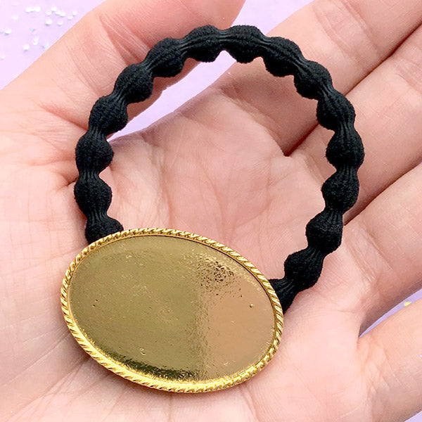 CLEARANCE UV Resin Hair Jewelry Making | Cute Hair Tie with Oval Bezel Setting | Kawaii Resin Art Supplies (1 piece / Gold and Black)
