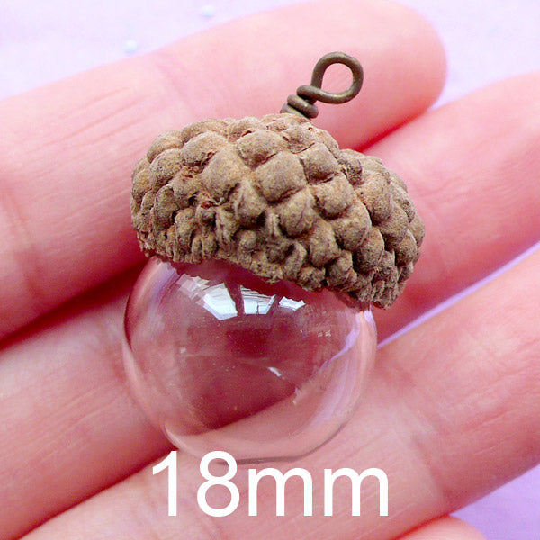Glass Orb with Natural Acorn Cap | 18mm Glass Globe | Miniature Glass Ball | Glass Bubble Pendant | Terrarium Jewelry Supplies  (1 Set)