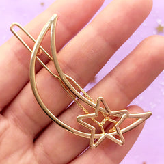 Moon and Star Open Backed Bezel Hair Clip | Kawaii Deco Frame for UV Resin Jewellery DIY | Cute Hair Accessories Supplies (1 piece / Gold / 29mm x 51mm)