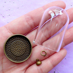 Mini Glass Dome with Base and Cap | Little Prince Rose Glass Terrarium Findings | Miniature Jewelry Supplies (Bronze / 1 Set)