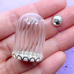 Small Fluted Glass Dome with Base and Cap | Miniature Jewellery Findings | Glass Terrarium Supplies (Silver / 1 Set)