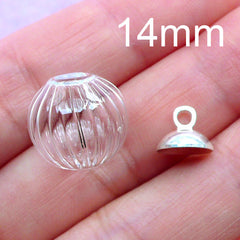 Fluted Glass Bubble with Silver Cap | Glass Globe Charm | 14mm Glass Ball | Tiny Glass Orb Pendant | Jewelry Supplies (1 Set)