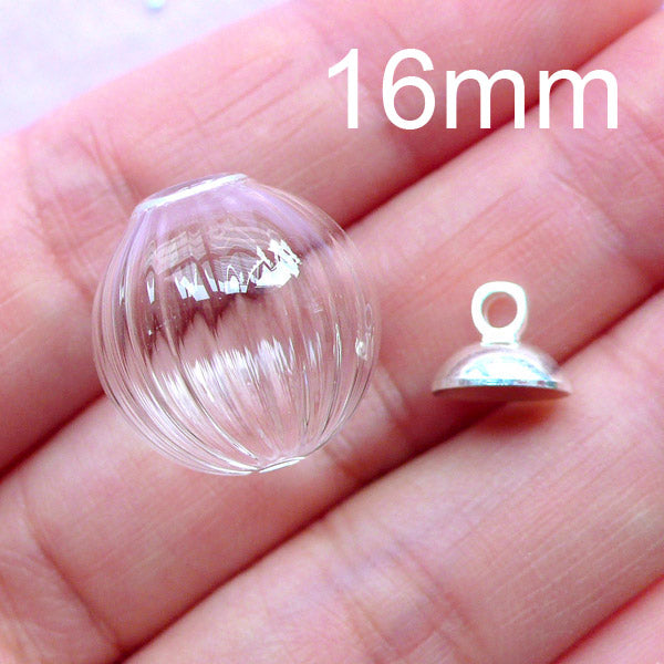 Fluted Glass Globe with Silver Cap | Mini Glass Ball Charm | 16mm Glass Orb | Glass Bubble Pendant | Jewellery Supplies (1 Set)