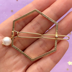 Twisted Hexagon Open Back Bezel Hair Clip with Pearl | Geometric Deco Frame for UV Resin Filling | Hair Accessories Supplies (1 piece / Gold / 41mm x 47mm)