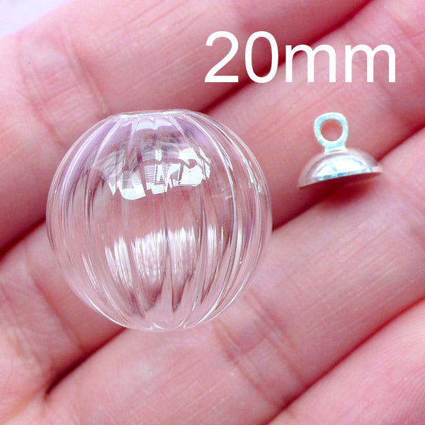 Fluted Glass Orb with Silver Cap | 20mm Glass Bubble Charm | Small Glass Globe | Glass Ball Pendant | Jewellery Findings (1 Set)