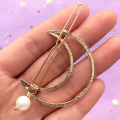 Twisted Moon Open Back Bezel Hair Clip with Pearl | Deco Frame for UV Resin Filling | Magical Girl Jewelry Supplies (1 piece / Gold / 38mm x 45mm)
