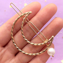 Twisted Moon Open Back Bezel Hair Clip with Pearl | Deco Frame for UV Resin Filling | Magical Girl Jewelry Supplies (1 piece / Gold / 38mm x 45mm)