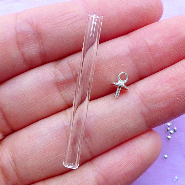 40mm Glass Tube with Silver Cap | Miniature Test Tube Necklace DIY | Jewelry Findings (1 Set / Silver)