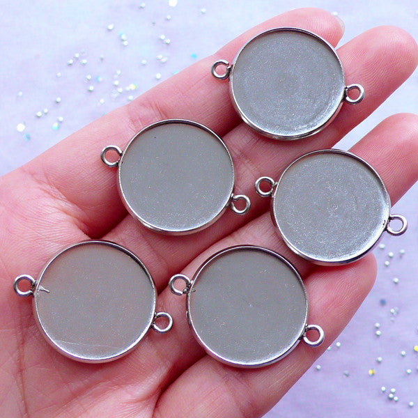 20mm Cameo Base | Stainless Steel Circle Bezel Cup Links | Silver Bezel Connectors | Round Bezel Setting with 2 Loops | Bezel Tray Blanks with Two Loops (5 pcs / 22mm x 29mm)