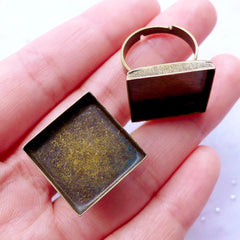 18mm Ring Blanks with Square Bezel Setting | Adjustable Ring Base with Square Bezel Cup | Jewelry Bezel Supplies (2 pcs / Antique Bronze)