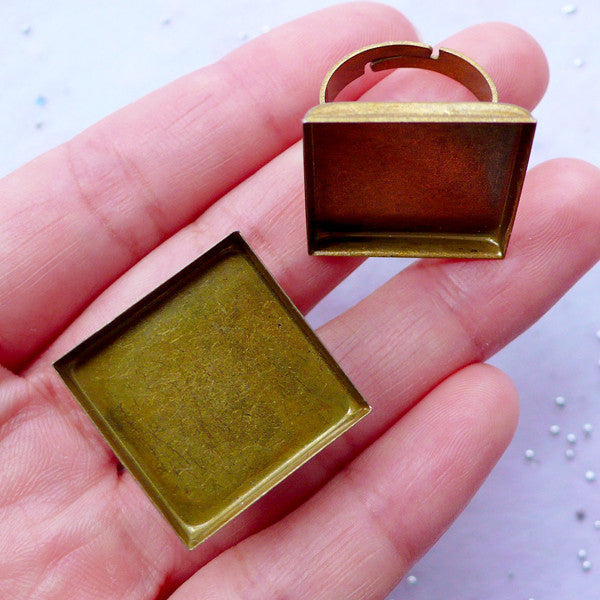 20mm Square Ring Blanks with Bezel Tray | Adjustable Ring Base with Square Bezel Setting | Bezel Jewellery Supplies (2 pcs / Bronze)