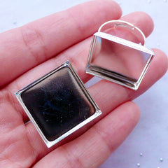 20mm Ring Base with Square Bezel Cup | Adjustable Ring Blank with Square Bezel Setting | Bezel Jewelry Supplies (2 pcs / Silver)