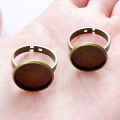 14mm Bezel Ring Base with Round Bezel Cup | Adjustable Ring Blank with Round Bezel Tray | Cameo Setting | Cabochon Bezels (2 pcs / Antique Bronze)