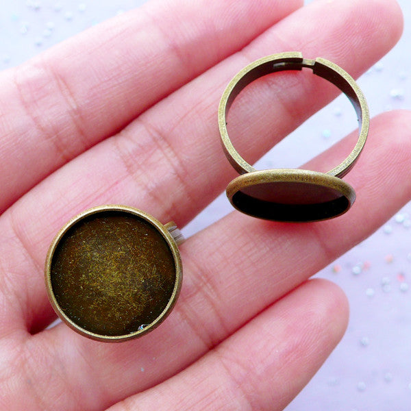 14mm Bezel Ring Base with Round Bezel Cup | Adjustable Ring Blank with Round Bezel Tray | Cameo Setting | Cabochon Bezels (2 pcs / Antique Bronze)