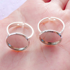 14mm Bezel Ring Setting with Round Cabochon Bezel Cups | Adjustable Ring Base with Round Cameo Bezel Setting | Blank Bezel Supplies (2 pcs / Silver)