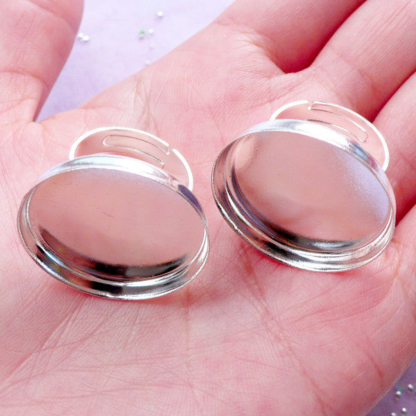 25mm Round Bezel Ring Blanks | Silver Adjustable Bezel Ring | Ring Bases with Cabochon Bezel Cups | Jewelry Settings (2 pcs)