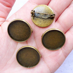 20mm Brooch Bezel Blank | Brooch Pin Back with Round Bezel Setting | Brooch Base with Bezel Cups | Jewellery Settings (4 pcs / Antique Bronze)