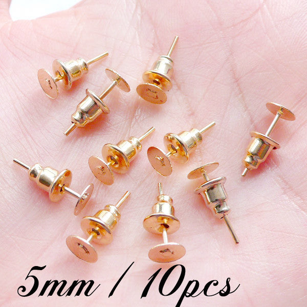 Gold Stud Earring Blanks | Ear Posts with 5mm Glue On Flat Pad & Ear Nut Back | Jewellery Findings (10 Sets / 5 Pairs / Rose Gold / Nickel Free)