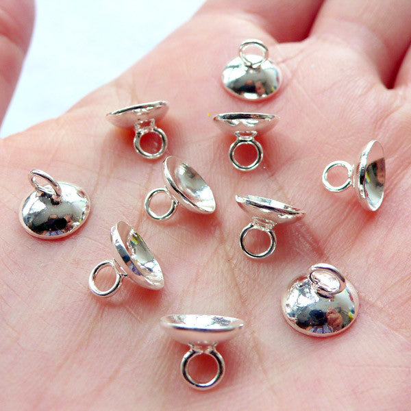 Silver Bead Cap with Loop & 8mm Glue On Cup | Cover for Glass Bubble Jewelry | Pendant & Charm Making | Bail Findings (10pcs / Silver / 8mm x 7mm / Nickel Free)