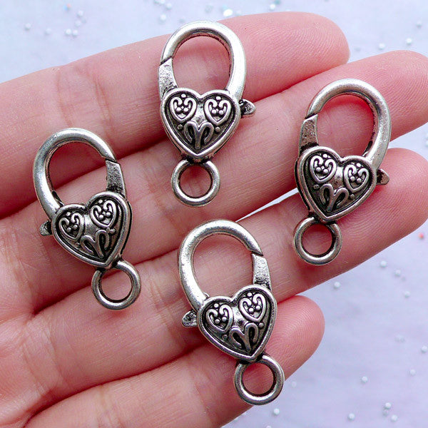 Heart Lobster Claw Clasps | Silver Parrot Clasp | Large Trigger Hooks | Bocklebee Clasps | Big Lanyard Hook | Jewellery Findings Supplies (4pcs / Tibetan Silver / 14mm x 27mm / 2 Sided)