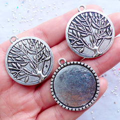 Tree of Life Bezel Charms | Round Bezel Pendant | Silver Bezel Tray | 25mm Cameo Base | Cabochon Setting | Photo Memory Jewelry | Jewellery Mounting Supplies (3pcs / Tibetan Silver / 28mm x 32mm)