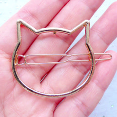 Cat Head Open Bezel Hair Clip | Outlined Kitty Deco Frame for UV Resin Filling | Kawaii Resin Jewellery DIY (1 piece / Gold / 41mm x 39mm)