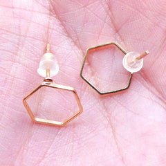 Hexagon Frame Stud Earrings | Geometric Open Deco Frame for Japan UV Resin Crafts | Kawaii Jewellery Supplies (1 Pair / Gold / 10mm x 11mm)