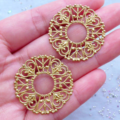 Round Metal Accent with Heart Pattern | Filigree Circle Disc Base | Cabochon Setting | Jewelry Findings (2pcs / Gold / 30mm)