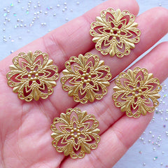 Small Circle Metal Accent Disc in Floral Shape | Filigree Round Setting | Cabochon Base | Jewelry Findings (5 pcs / Gold / 21mm)
