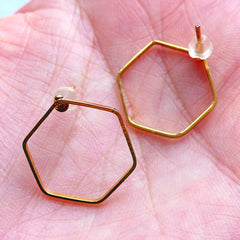 Hexagon Open Frame Stud Earrings | Geometry Deco Frame for Kawaii UV Resin Jewelry Making (1 Pair / Gold / 16mm x 18mm)