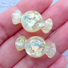 Glittery Candy Cabochons with Iridescent Flakes | Kawaii Phone Case | Decoden Resin Pieces | Faux Taffy Candies (2pcs / Yellow / 13mm x 24mm / Flatback)