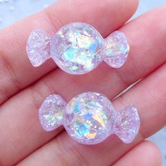 Candy Cabochons with Glitter | Iridescent Resin Cabochon | Kawaii Decoden Supplies | Cell Phone Deco | Fake Food Jewelry (2pcs / Purple / 13mm x 24mm / Flatback)