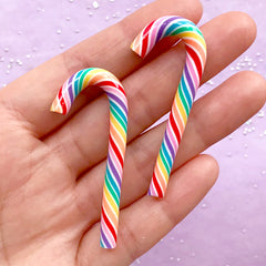 Christmas Rainbow Candy Cane Cabochons | Polymer Clay Food | Fake Candies | Sweet Deco | Kawaii Decoden Supplies (2 pcs / 3D / 20mm x 50mm)