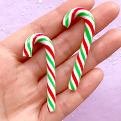 Christmas Peppermint Candy Cane Cabochons | Polymer Clay Candies | Fake Food Decoration | Kawaii Crafts (2 pcs / Red & Green / 3D / 20mm x 50mm)