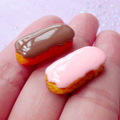 Éclair Cabochons / Kawaii Dollhouse Chocolate Pastry Cabochons (2pcs / 11mm x 23mm) Fake Miniature Sweets Deco Resin Decoden Pieces FCAB118