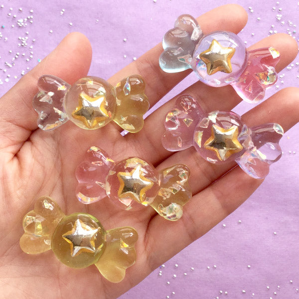 Candy Resin Cabochons with Star | Kawaii Phone Case Sweet Deco | Decoden Supplies | Cute Embellishments (3pcs by Random / 21mm x 43mm)