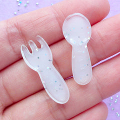 Kawaii Fork and Spoon Cabochons with Glitter | Miniature Cutlery Cabochon | Sweet Deco | Decoden Supplies (2 pcs / White / 11mm x 27mm)