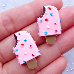 Miniature Popsicle Cabochons / Strawberry Ice Cream Bar (2pcs / 15mm x 25mm / Flat Back / Pink) Cute Dollhouse Sweets Whimsical Deco FCAB311