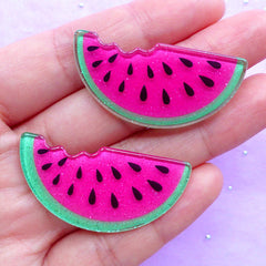 Bitten Watermelon Cabochons | Kawaii Decoden Supplies | Acrylic Fruit Cabochon with Glitter | Cute Embellishments (2pcs / Flat Back)