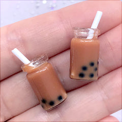 Dollhouse Bubble Tea | 3D Miniature Boba Tea | Doll House Drink | Milk Tea Cabochon | Kawaii Food Jewelry DIY (2 pcs / Brown / 10mm x 18mm)