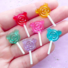 Dollhouse Bear Shaped Lollipop Cabochon | Miniature Candy Pop | Kawaii Doll Food Craft (3 pcs by Random / 14mm x 25mm)