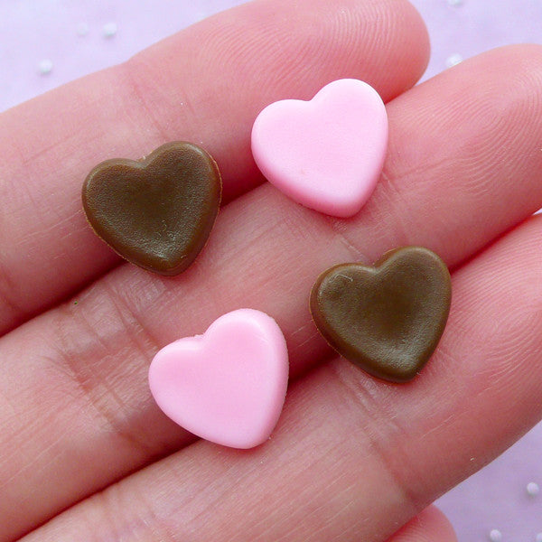 Miniature Heart Chocolate Decoden Cabochons | Sweets Deco Supplies (Pink & Brown / 4 pcs / 10mm x 9mm)