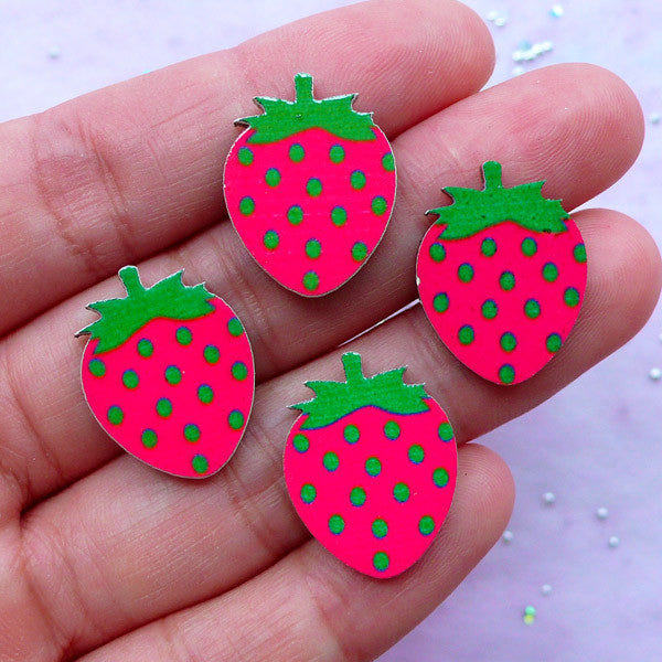 Strawberry Acrylic Cabochons | Kawaii Harajuku Kei Accessories Making | Decoden Pieces (4 pcs / 15mm x 20mm)