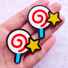 Laser Cut Acrylic Lollipop with Star Cabochons | Kawaii Sweets Deco Pieces | Harajuku Kei Brooch & Badge Making (2pcs / 42mm x 40mm)