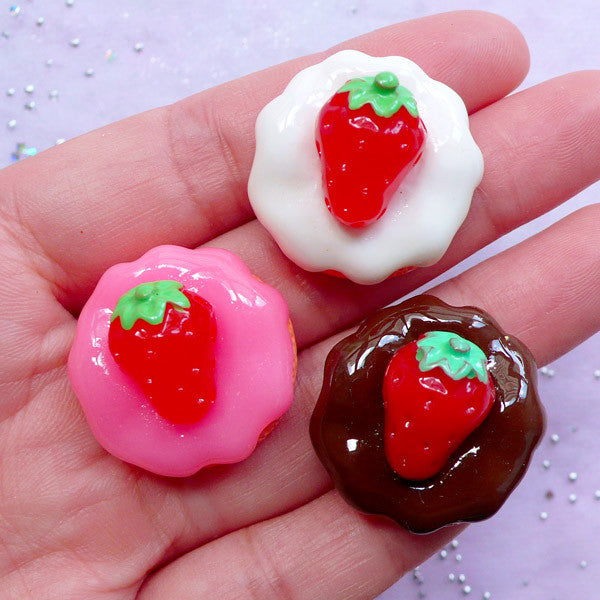 CLEARANCE Kawaii Decoden Cabochon Supplies | Miniature Strawberry Cake Cabochons | Phone Case Sweets Deco (3 pcs / 26mm x 16mm)