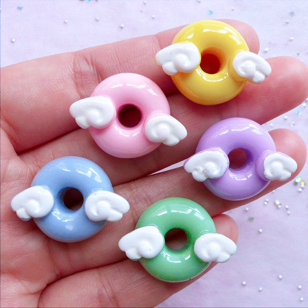 Kawaii Doughnut with Wing Cabochons | Winged Donut Cabochon | Fake Sweets Decoden Pieces (5 pcs / Assorted Colors / 25mm x 18mm)